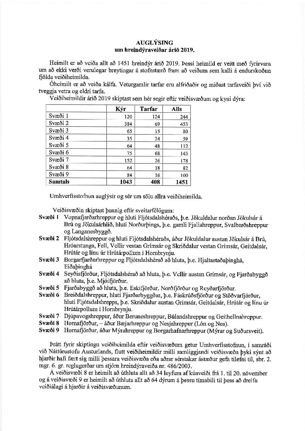 Auglýsing hreindýraveiðar 2019