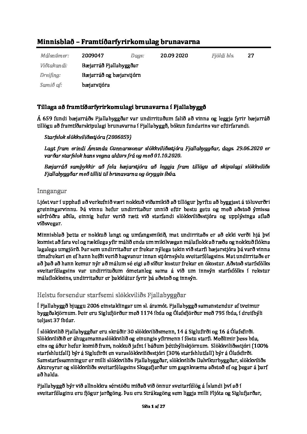 minnisblað – framtíðarfyrirkomulag brunavarna 20.09 2020