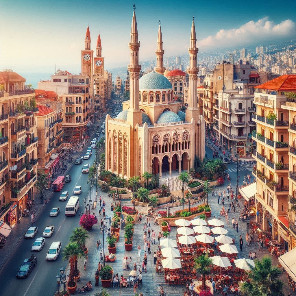 Beirút er gömul rótgróin borg, þar standa allskyns trúarlegar byggingar hlið við hlið. Gervigreindar myndin er sköpuð með aðstoð frá Microsoft Design.