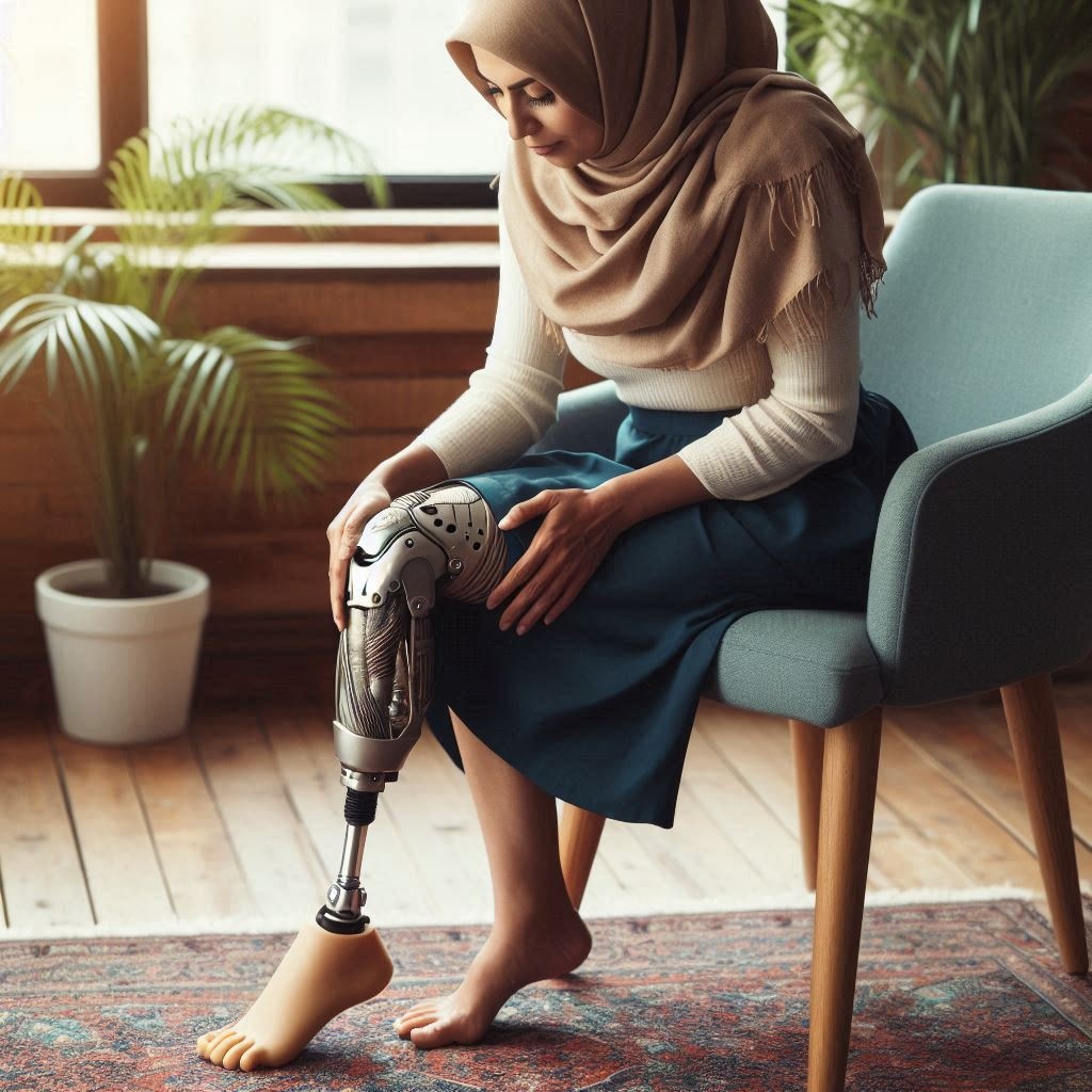 Íslenskur gervi fótleggur.
Gervigreindar mynd sköpuð með Microsoft Design.