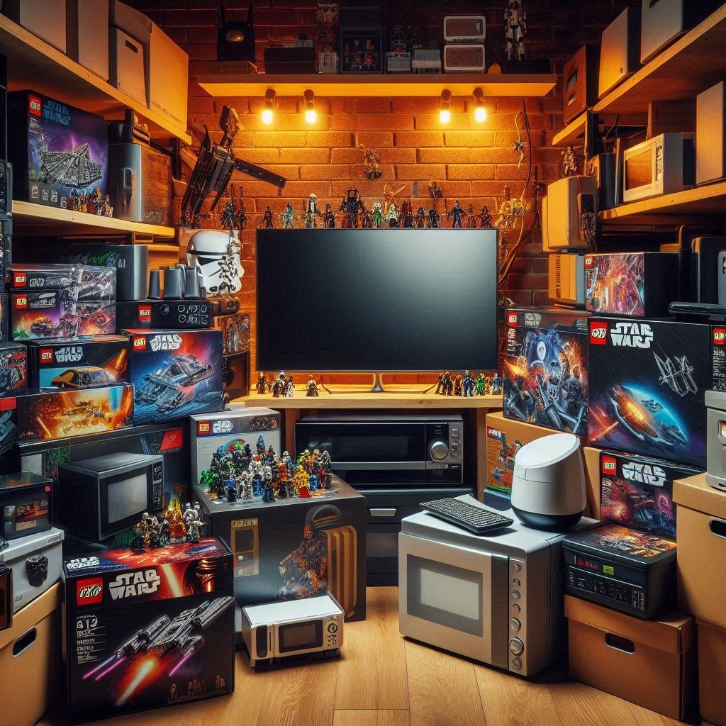 Tækja og Lego lager geymsla Þórólfs Myndin er sköpuð með gervigreindar aðstoð frá Microsoft Design.