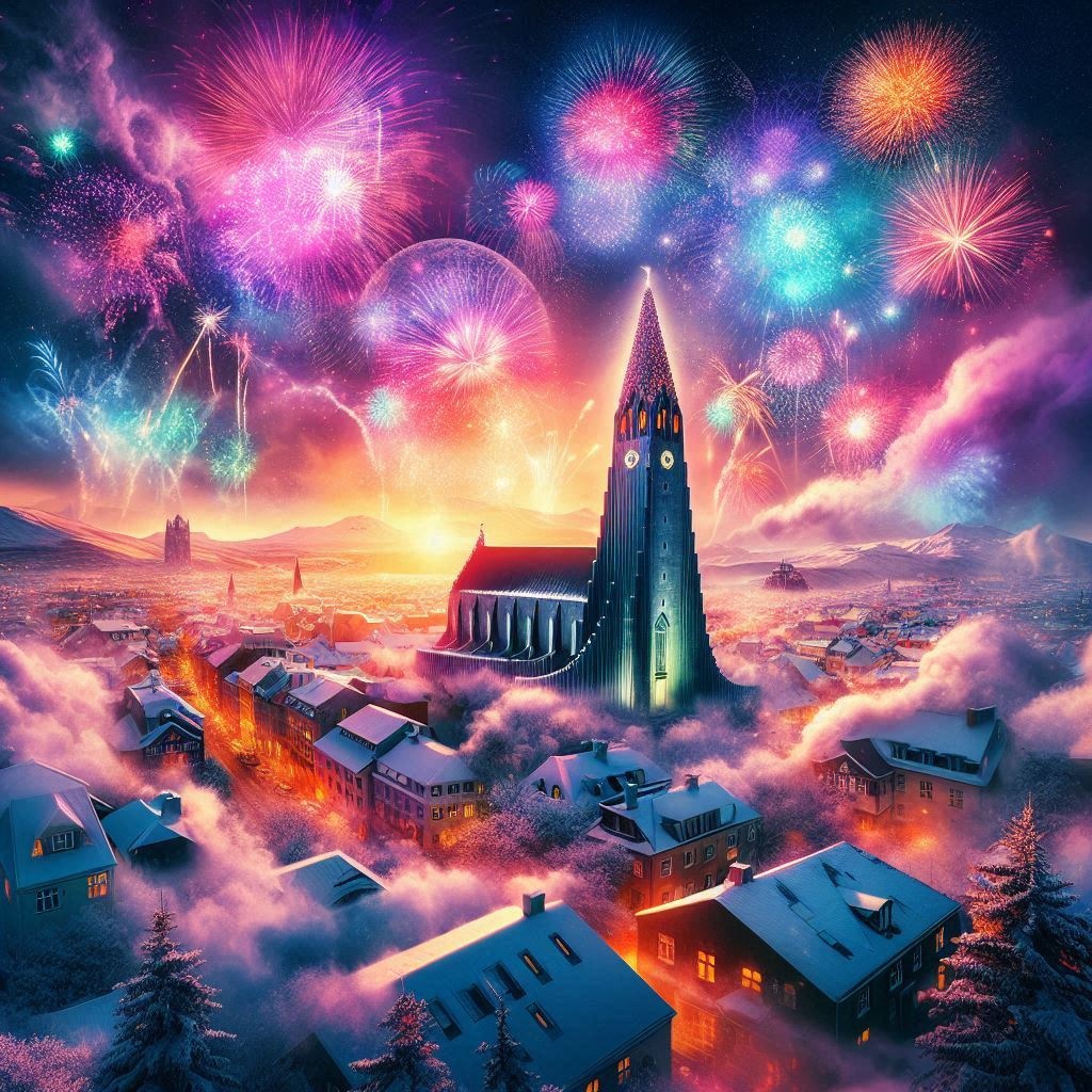 Flugeldar og flugelda reykjarsvæla liggur þungt yfir áramótunum í Reykjavík. Gervigreindar mynd sköpuð með aðstoð frá Microsoft Designer.