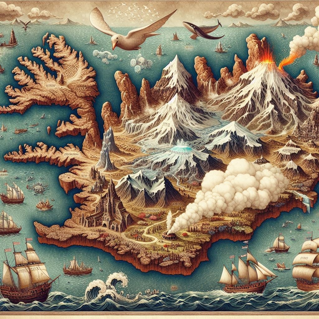 Iceland, the land of fire and Ice. Gamaldags kort skapað með gervigreindar aðstoð frá Microsoft Disigner.