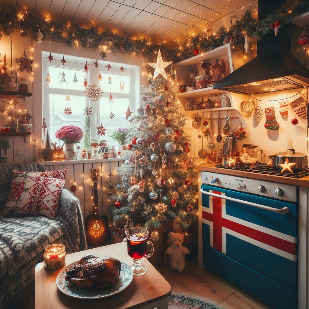 Íslensk jól í boði Fatimu í yfirþyrmilega mikið skreyttri kjallaraíbúð. Gervigreindarmyndin er búin til með aðstoð Microsoft Design.