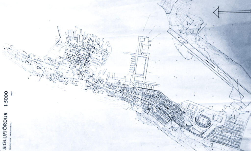 Bæjarskipulag 1969.
Framtíðardraumar: Skipulagskort frá “Teiknistofu Skipulagsins” 1969. Bærinn vex í suður átt og Leirutangi hefur stækkað mikið og fengið nýtt hlutverk.
Mynd lánuð frá “FURÐULEGAR GÖTUR 3. HLUTI”