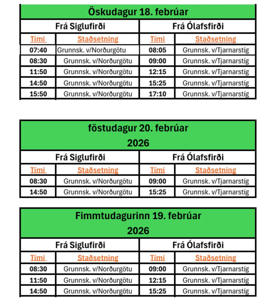 Breytt skipulag á skólarútu vegna vetrarfrís